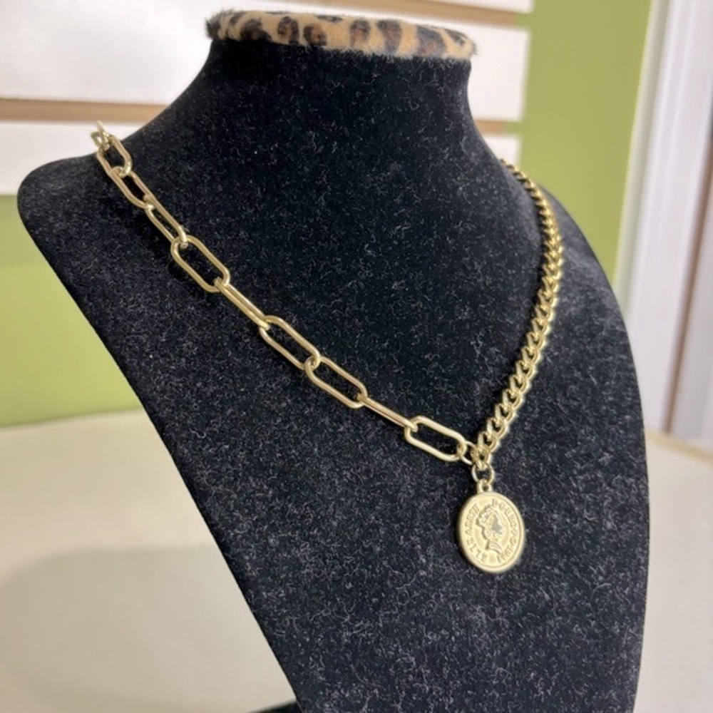 Adornia Water Resistant Mixed Chain Gold Coin Necklace New - Picture 2 of 8